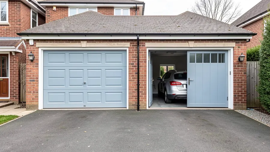 A double garage with two sectional doors, one closed and one open
