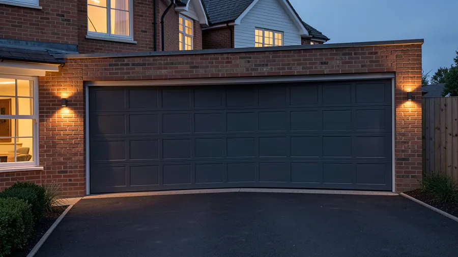 A newly fitted anthracite grey sectional garage door lit at dusk