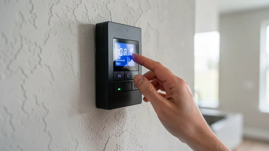 Wall-mounted garage door control panel with an open button pressed