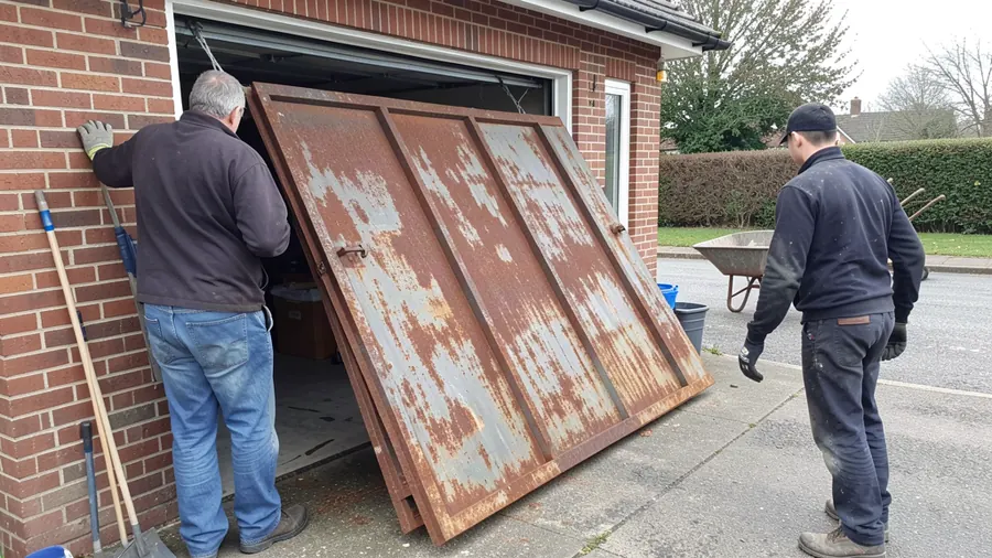 Fitters sliding an old one-piece garage door out of its frame ready for replacement