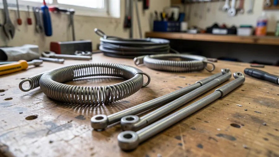 A broken torsion spring beside its new replacement on a workbench