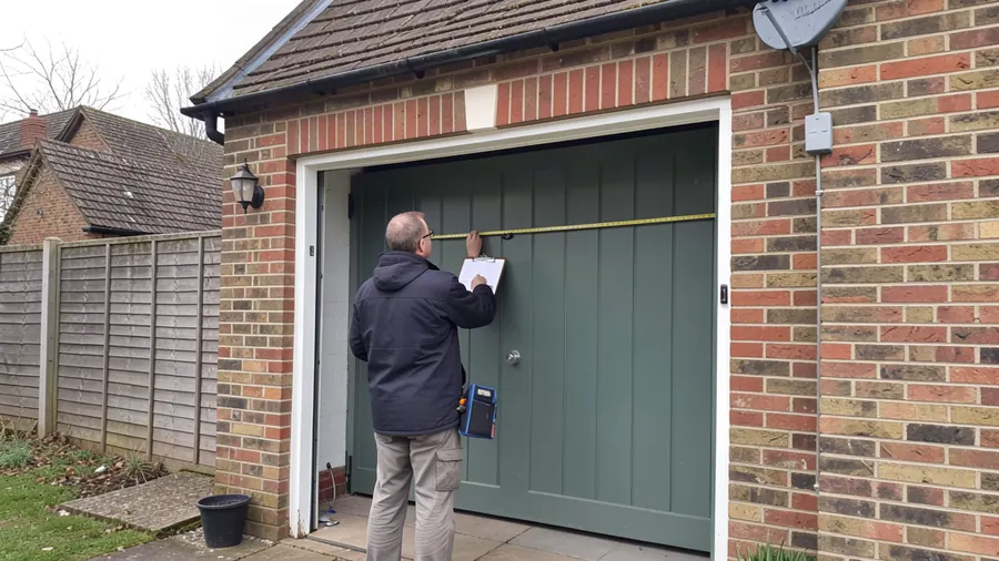 A surveyor measuring the width of a garage opening with a tape measure