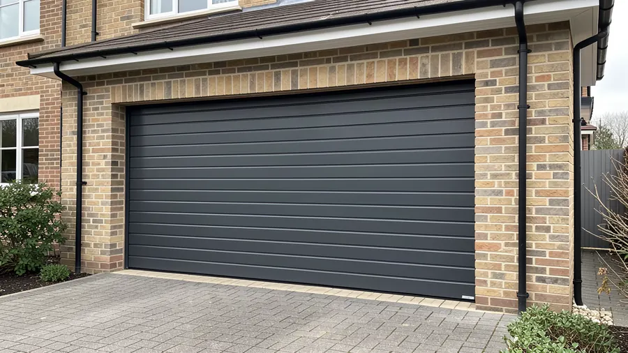 An insulated roller garage door half rolled down over a modern driveway
